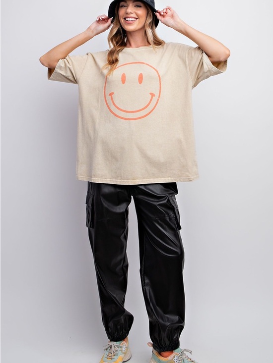 easel Tops - Easel Beige Tee with Orange Smiley Graphic